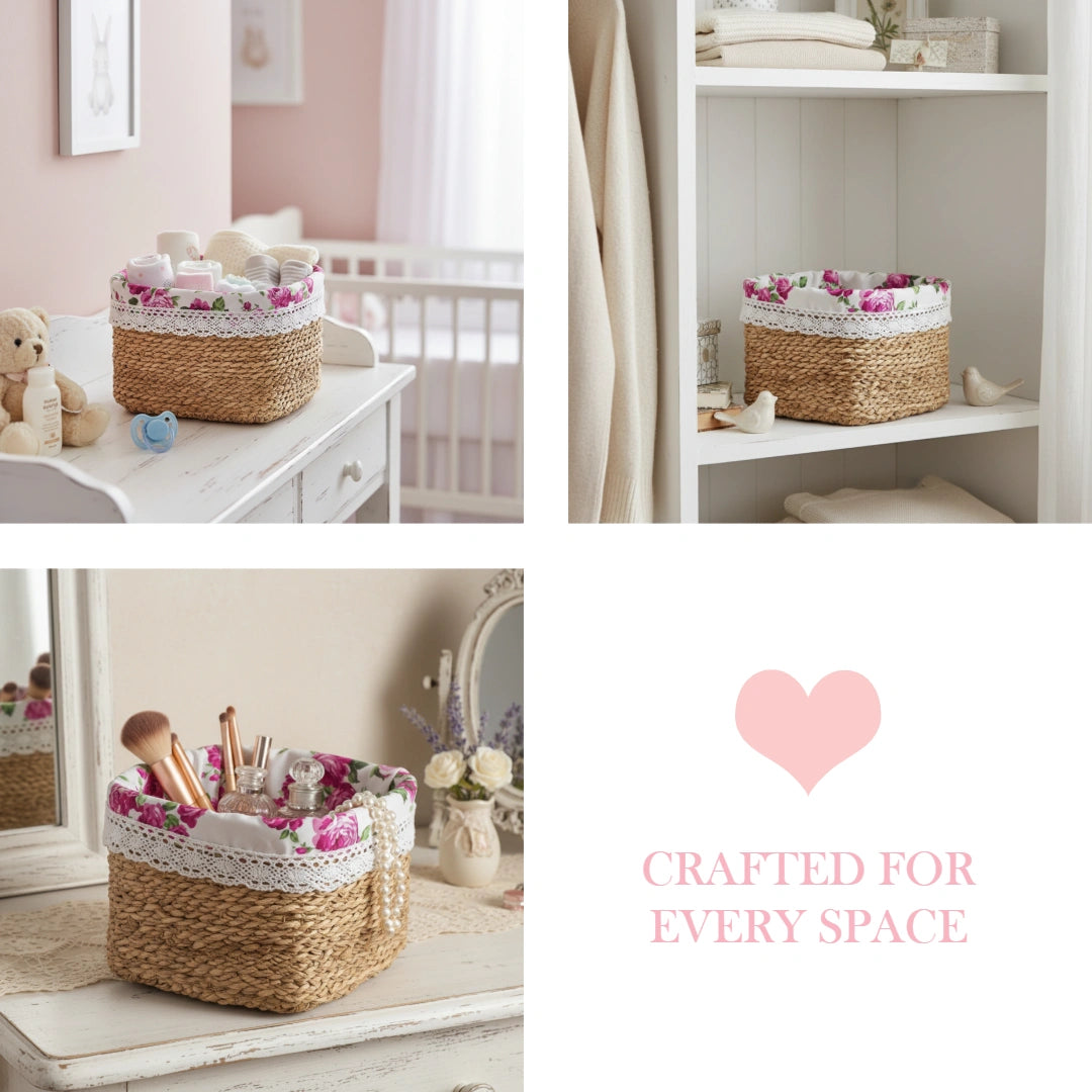 Woven basket with floral accents in various settings, including a nursery and a vanity area.