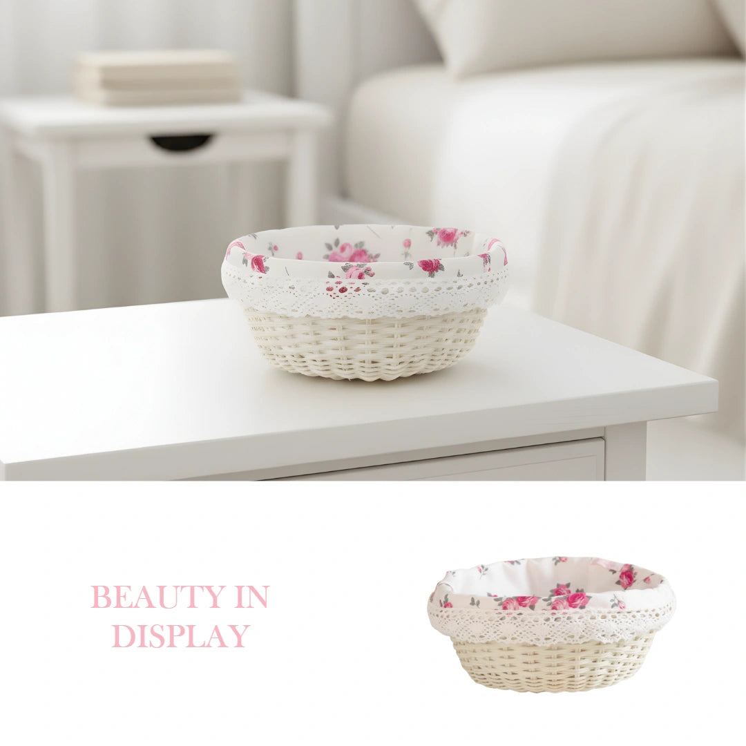 Woven Cottage Round Wicker Basket with floral pattern on a white surface, with 'Beauty in Display' text.