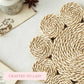 Woven mat with a rustic theme on a light background