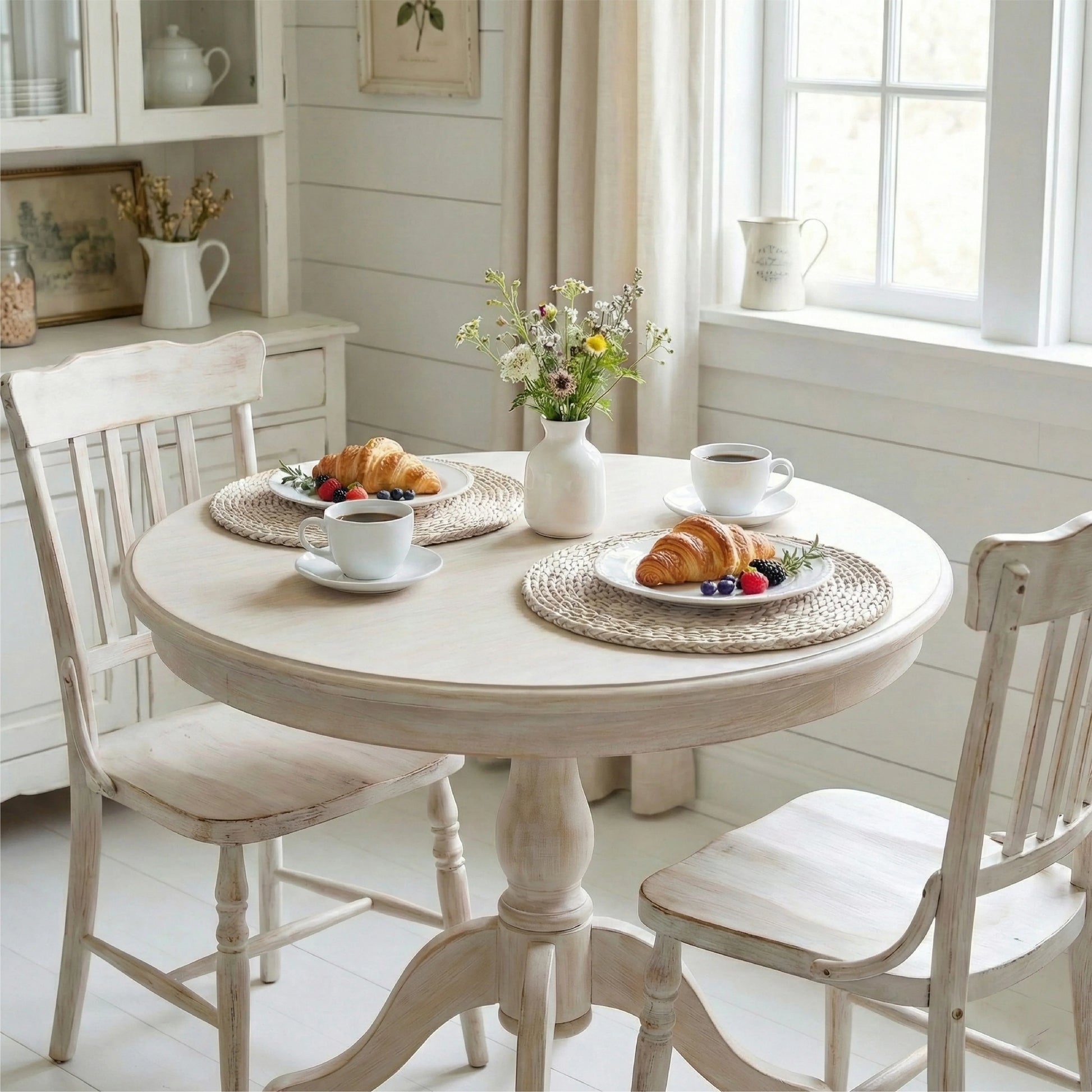 Breakfast for two with croissants and coffee on woven placemats at a white pedestal table with matching wooden chairs.
