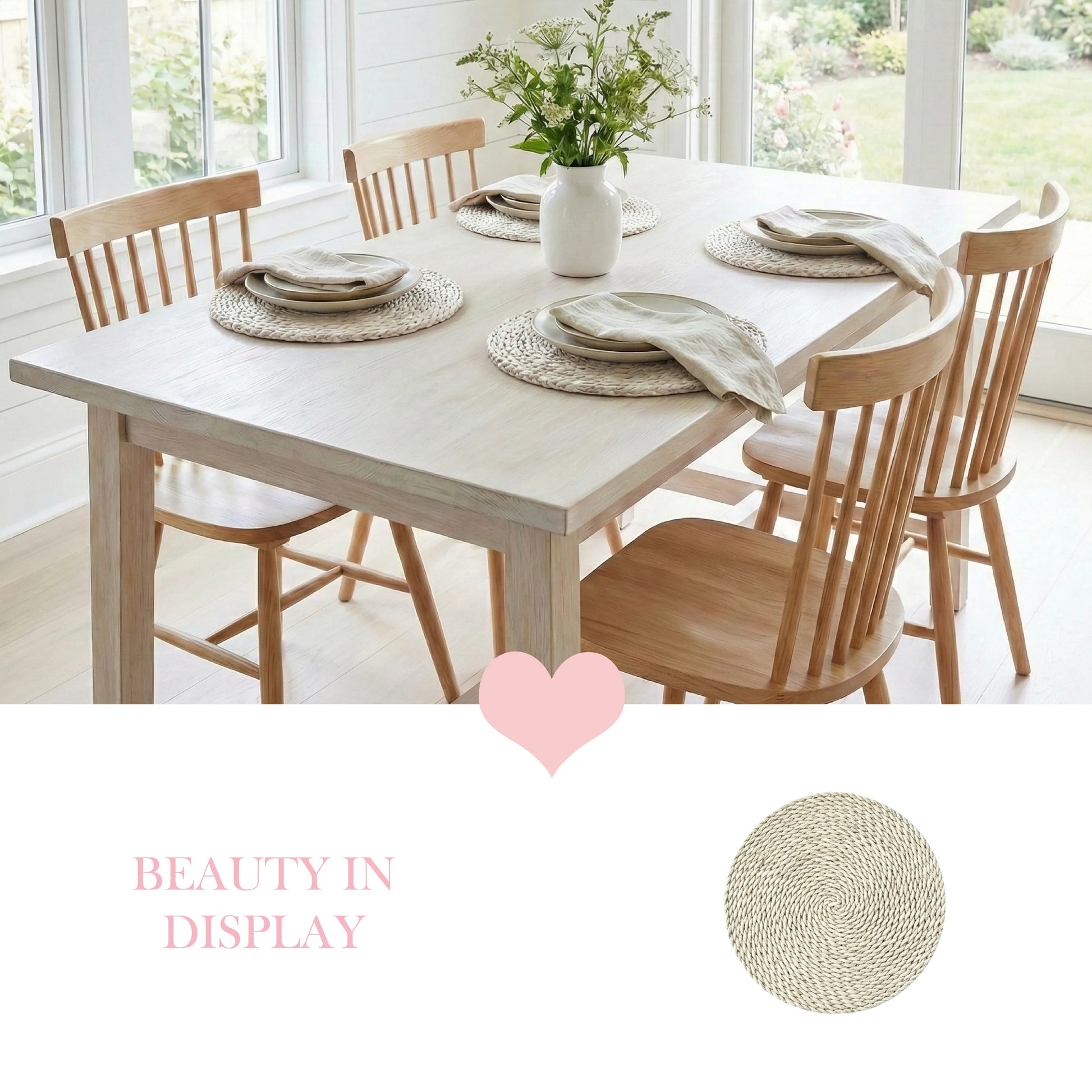 Light wood dining table with woven placemats and a flower vase, featuring a pink heart and circular placemat icon.