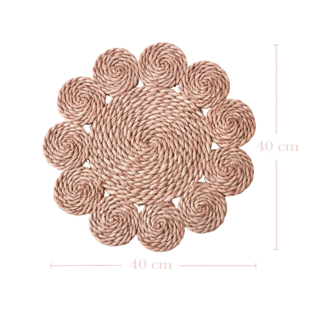 Woven round mat with measurements on a white background