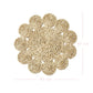 Woven round mat with spiral pattern and measurements on a white background