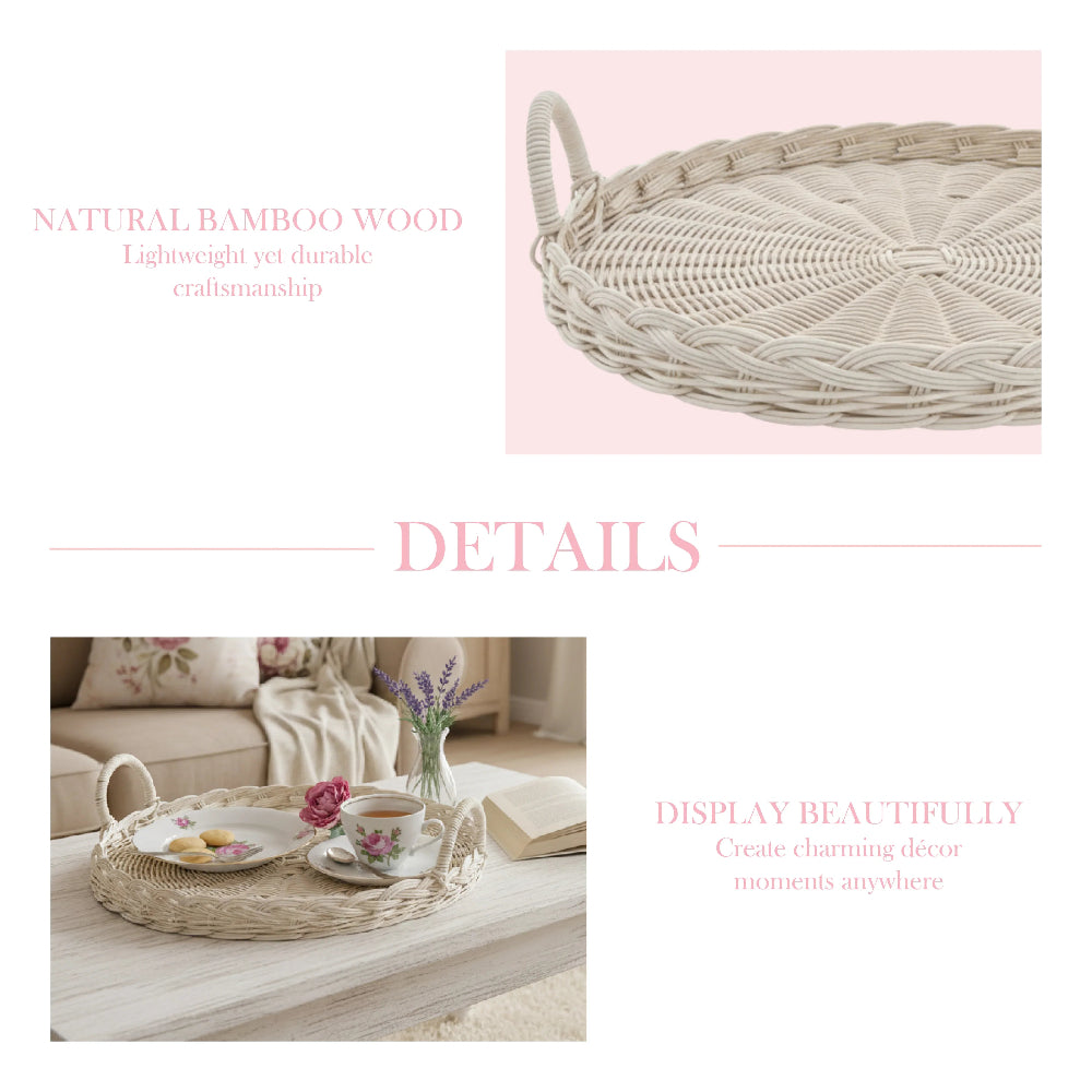 Woven tray on a table with a cup and saucer, surrounded by decor elements on a light pink background.