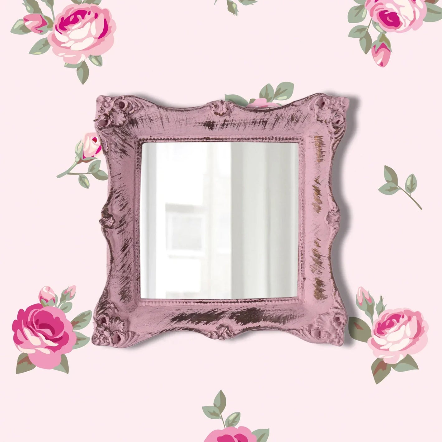 Square shabby chic wall mirror with floral design