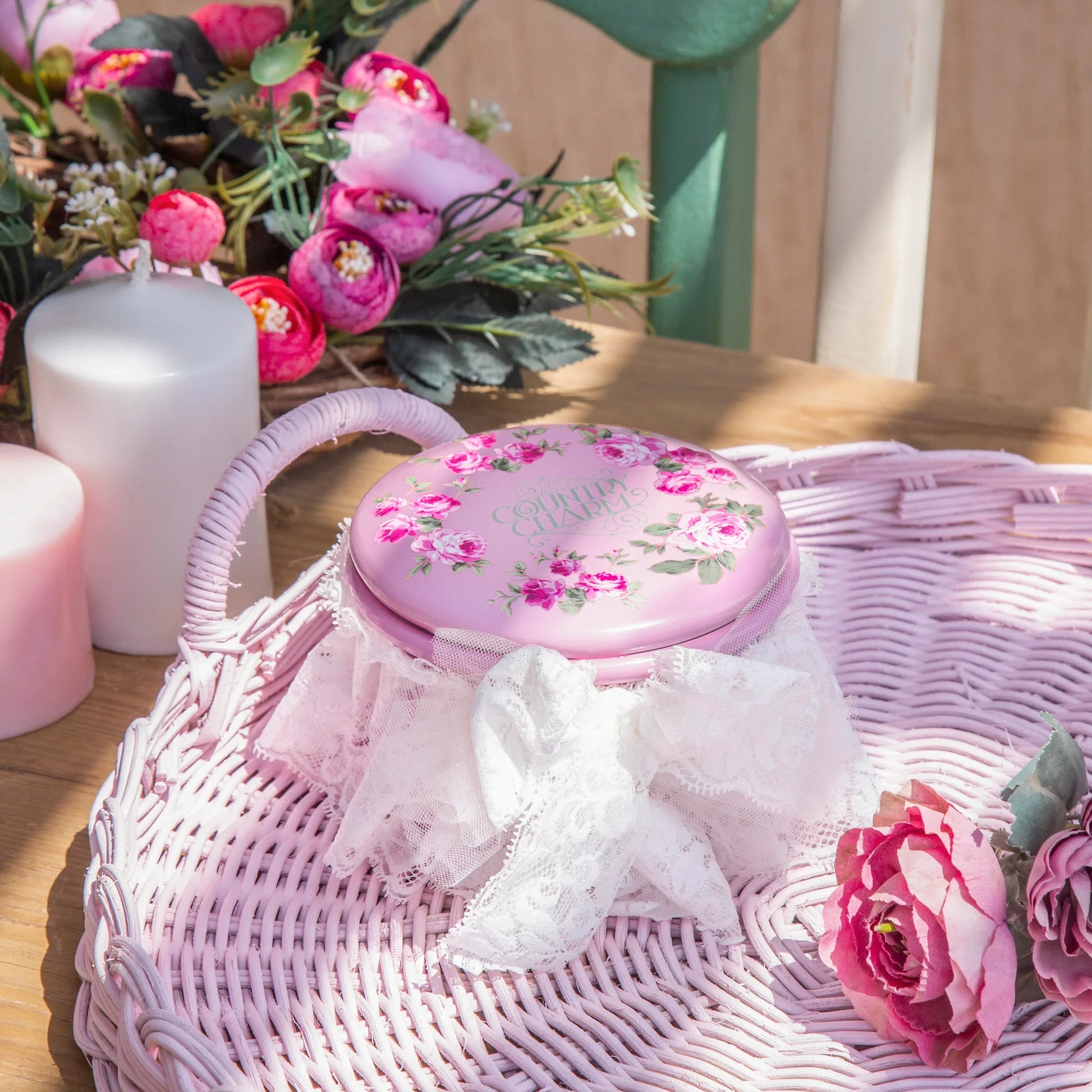 Cream tin jar with Fleur floral print and lace ribbon